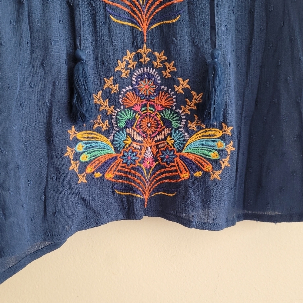 NEW Embroidered Floral V-Neck Balloon Sleeve Shirt Blue Swiss Dot Boho Hippie - Picture 6 of 11